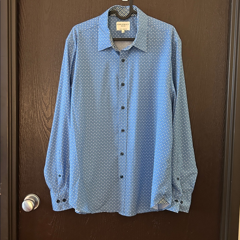 Con.Struct Slim Fit 4-Way Stretch Men Blue Mini  Dot Dress Button Down Shirt..L